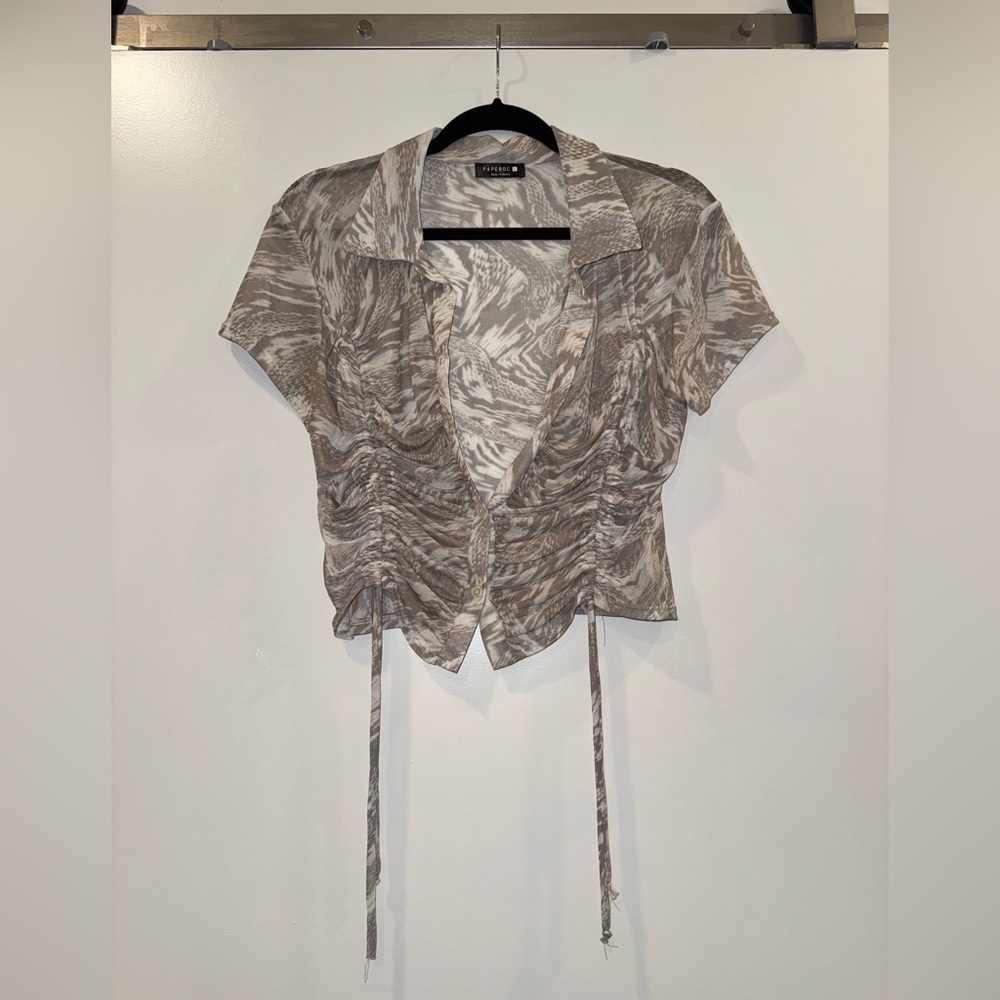 Abstract Print Button-Down Shirt - Grayish-Brown and Cream